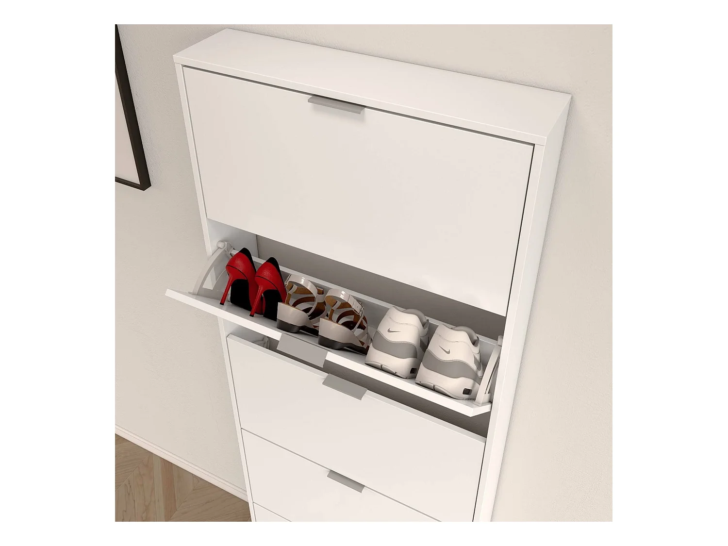 Meuble à chaussures Danobile, Meuble à chaussures avec 5 portes battantes, Range-chaussures d'entrée haute, Range-chaussures moderne, 70x17h180 cm, Blanc brillant