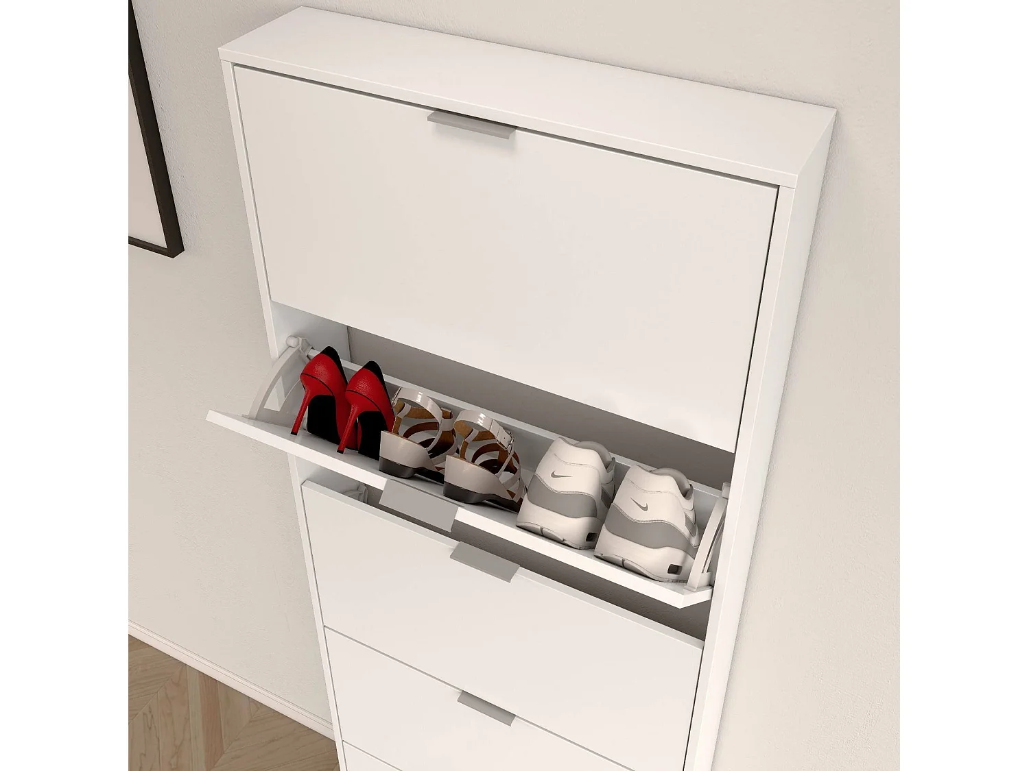 Meuble à chaussures Danobile, Meuble à chaussures avec 5 portes battantes, Range-chaussures d'entrée haute, Range-chaussures moderne, 70x17h180 cm, Blanc brillant
