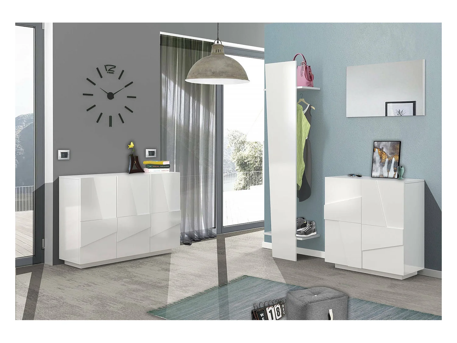 Dfogl schoenenrek, Multifunctionele kast met 2 deuren, Ingang schoenenrek, 100% Made in Italy, 81x38h86 cm, Glanzend wit met detail