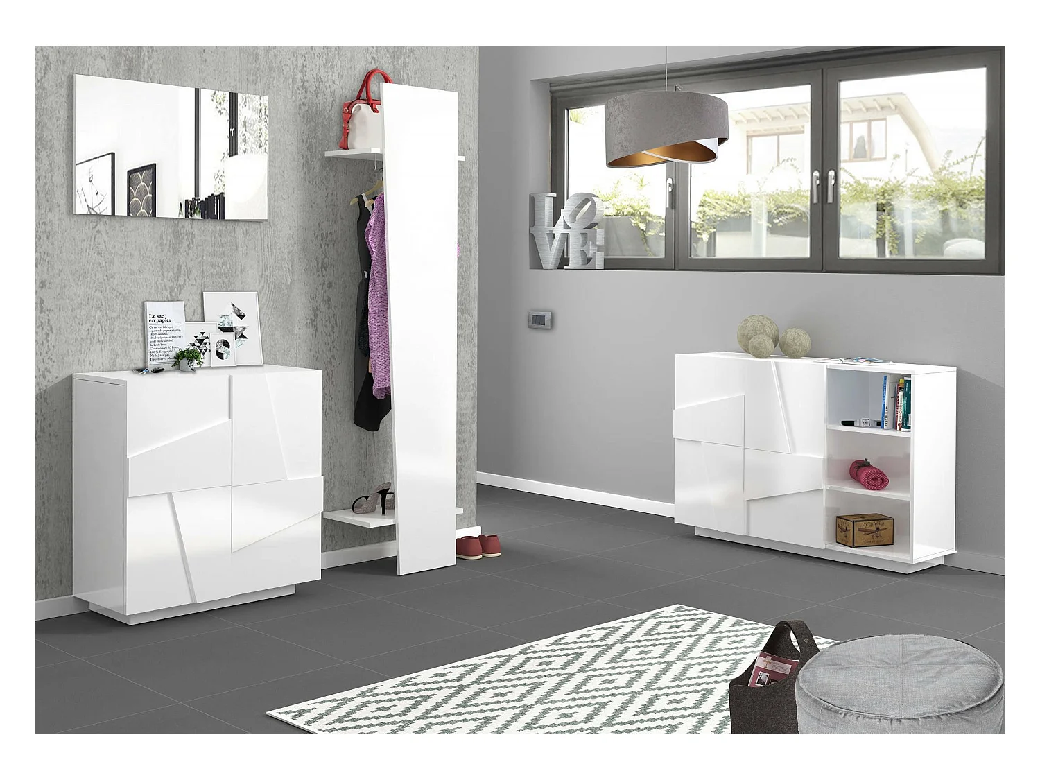 Dfogl schoenenrek, Multifunctionele kast met 2 deuren, Ingang schoenenrek, 100% Made in Italy, 81x38h86 cm, Glanzend wit met detail