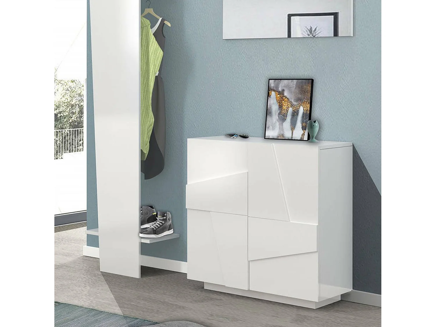 Étagère à chaussures Dfogl, Armoire polyvalente avec 2 portes, Étagère à chaussures d'entrée, 100% Made in Italy, 81x38h86 cm, Blanc brillant avec détail
