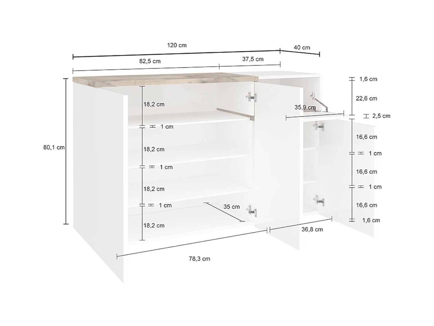 Zapatero Dmessia, Mueble multiusos 3 puertas y 1 puerta abatible, Zapatero de entrada, 100% Made in Italy, cm 120x40h80, Blanco brillo y Arce