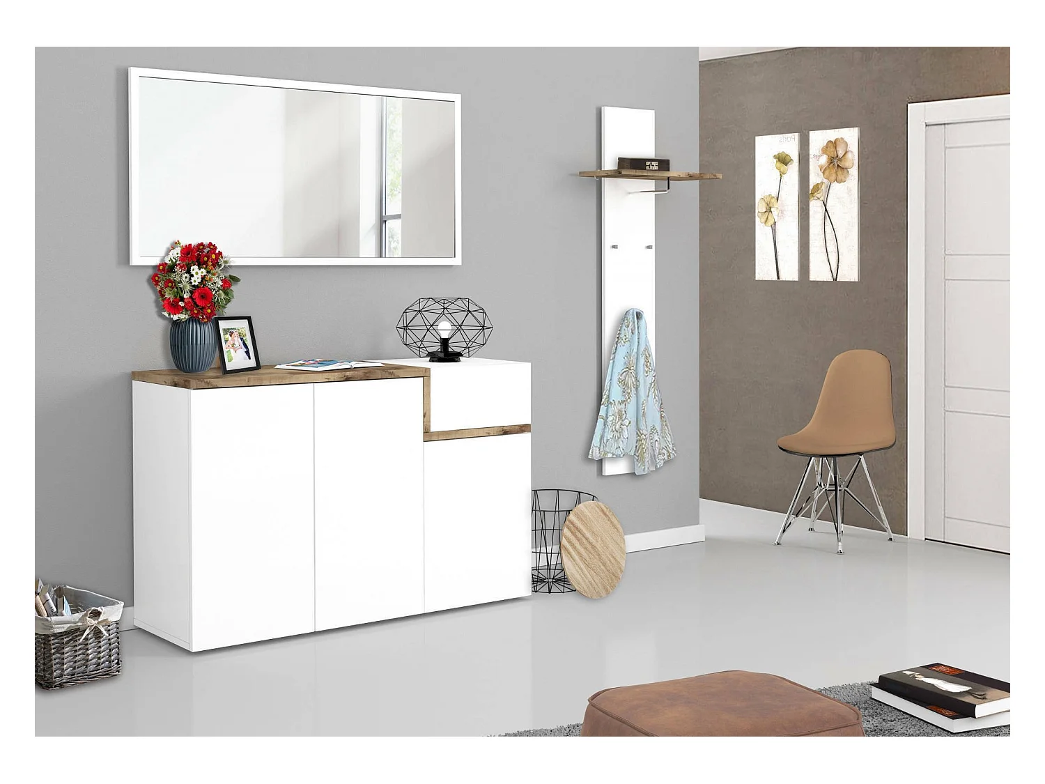 Zapatero Dmessia, Mueble multiusos 3 puertas y 1 puerta abatible, Zapatero de entrada, 100% Made in Italy, cm 120x40h80, Blanco brillo y Arce