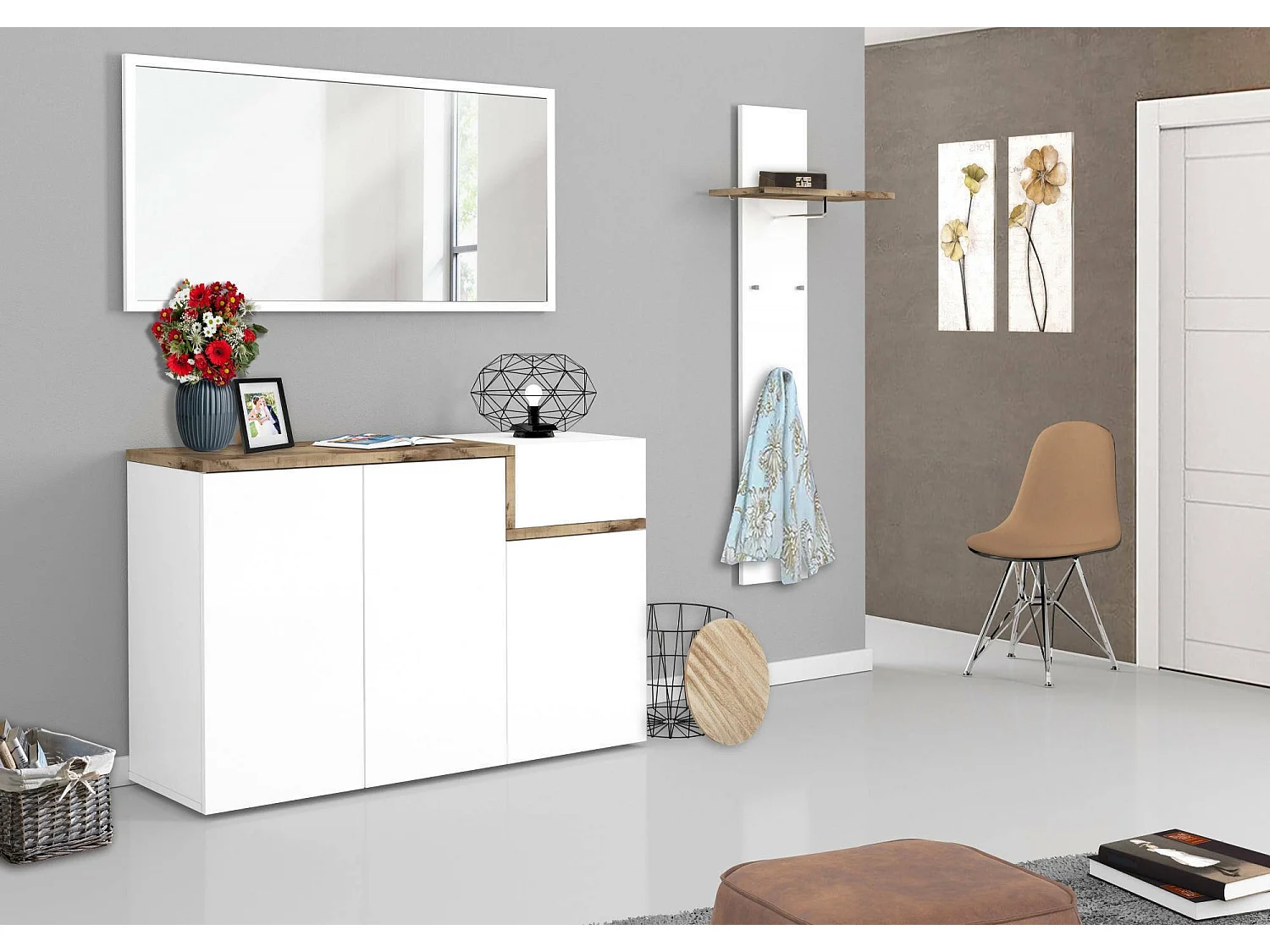 Zapatero Dmessia, Mueble multiusos 3 puertas y 1 puerta abatible, Zapatero de entrada, 100% Made in Italy, cm 120x40h80, Blanco brillo y Arce