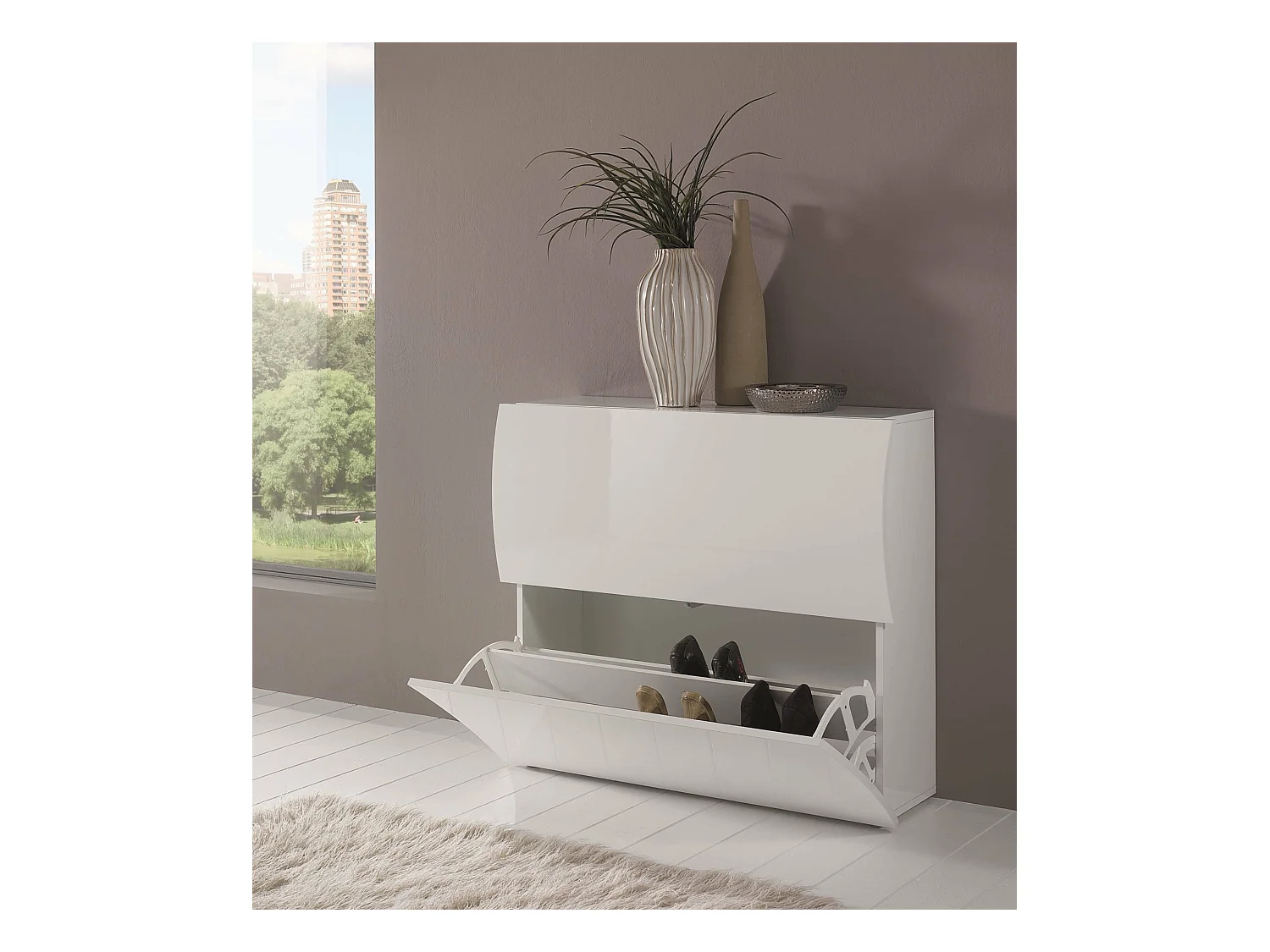 Dmora - Scarpiera Ape, cm 101x27h82, Bianco lucido