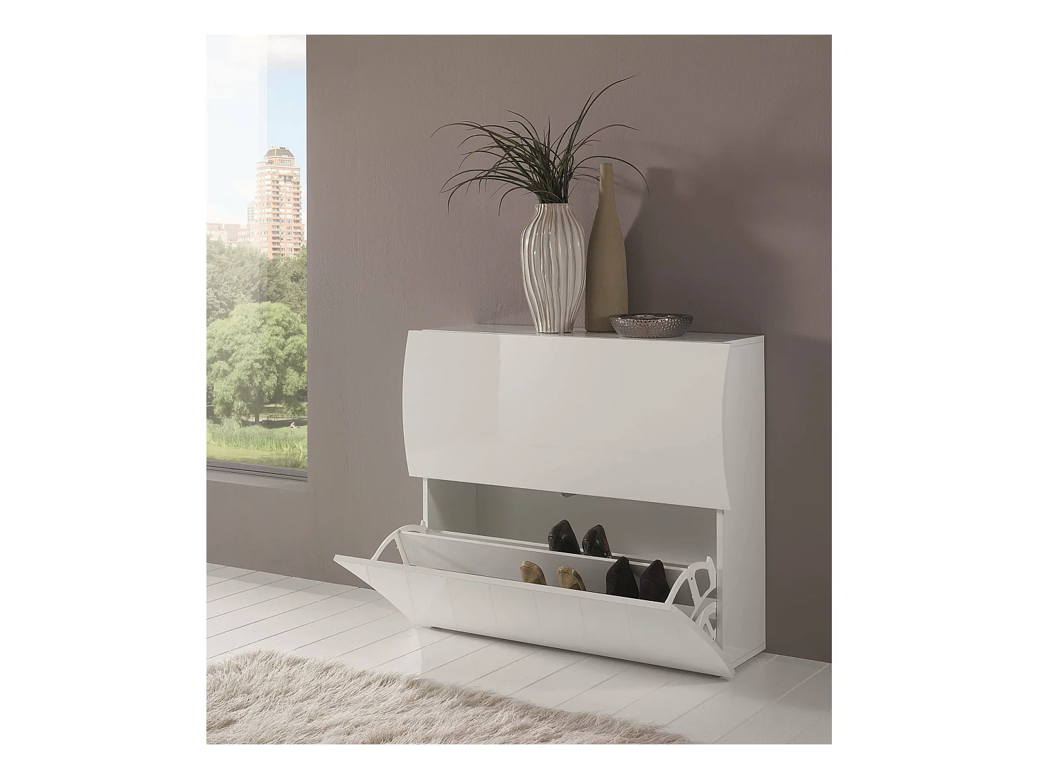 Dmora - Scarpiera Ape, cm 101x27h82, Bianco lucido