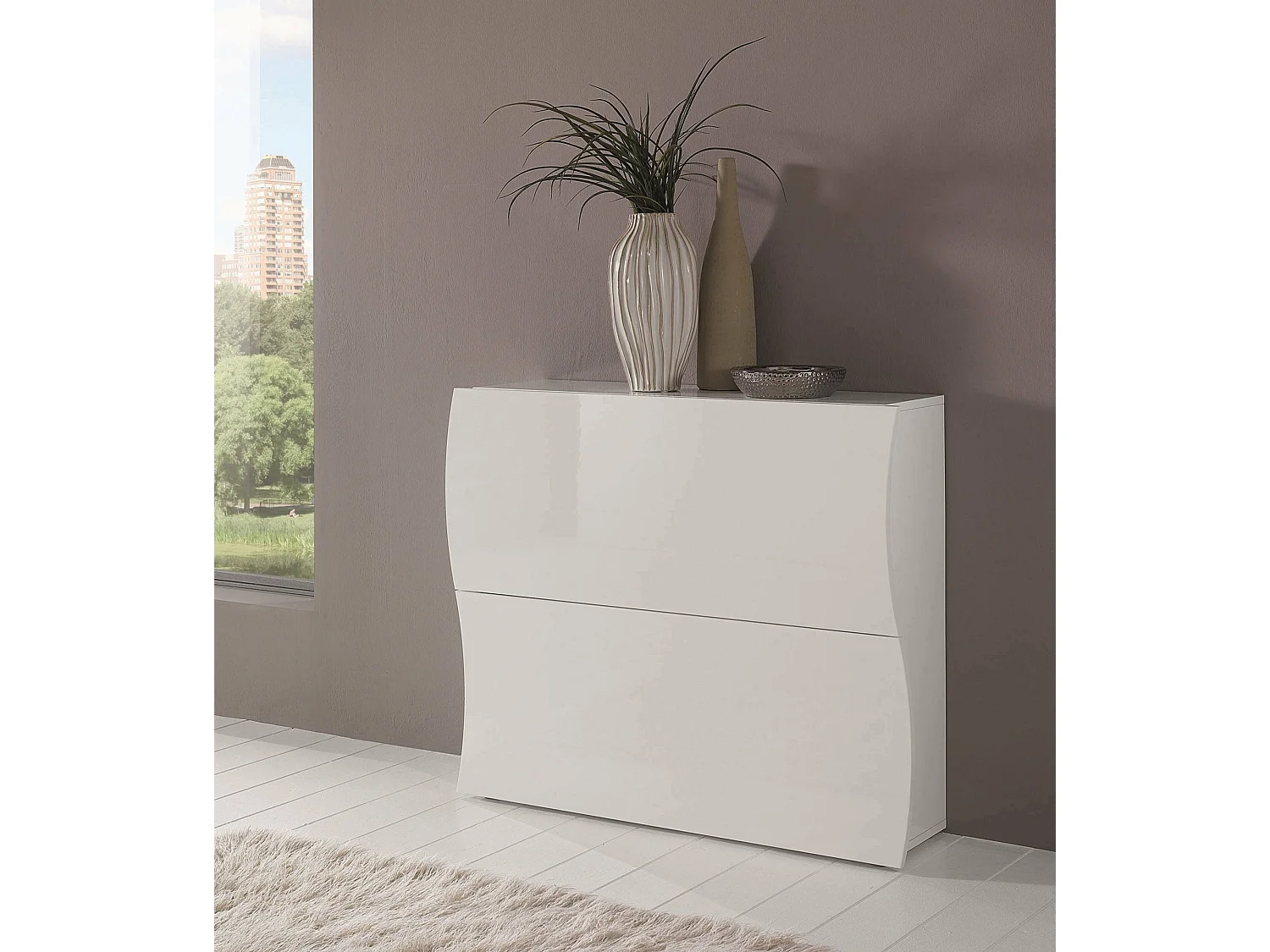 Étagère à chaussures Dabayom, Armoire polyvalente avec 2 portes pliantes, Étagère à chaussures d'entrée, 100% Made in Italy, 101x27h82 cm, Blanc brillant