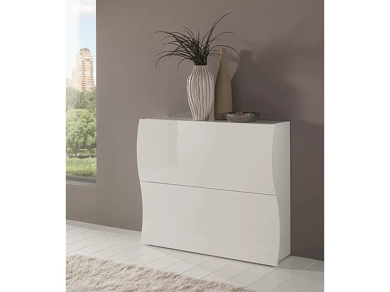Étagère à chaussures Dabayom, Armoire polyvalente avec 2 portes pliantes, Étagère à chaussures d'entrée, 100% Made in Italy, 101x27h82 cm, Blanc brillant