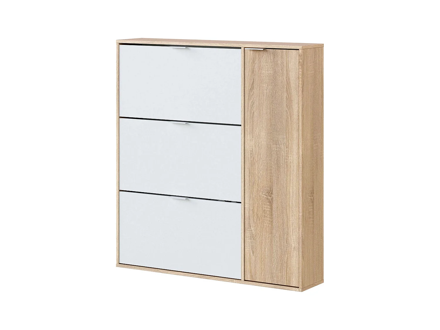 Étagère à chaussures Dmagnino, armoire à chaussures 4 portes, armoire basse polyvalente avec 5 étagères, étagère à chaussures moderne, 106x22h115 cm, chêne et blanc