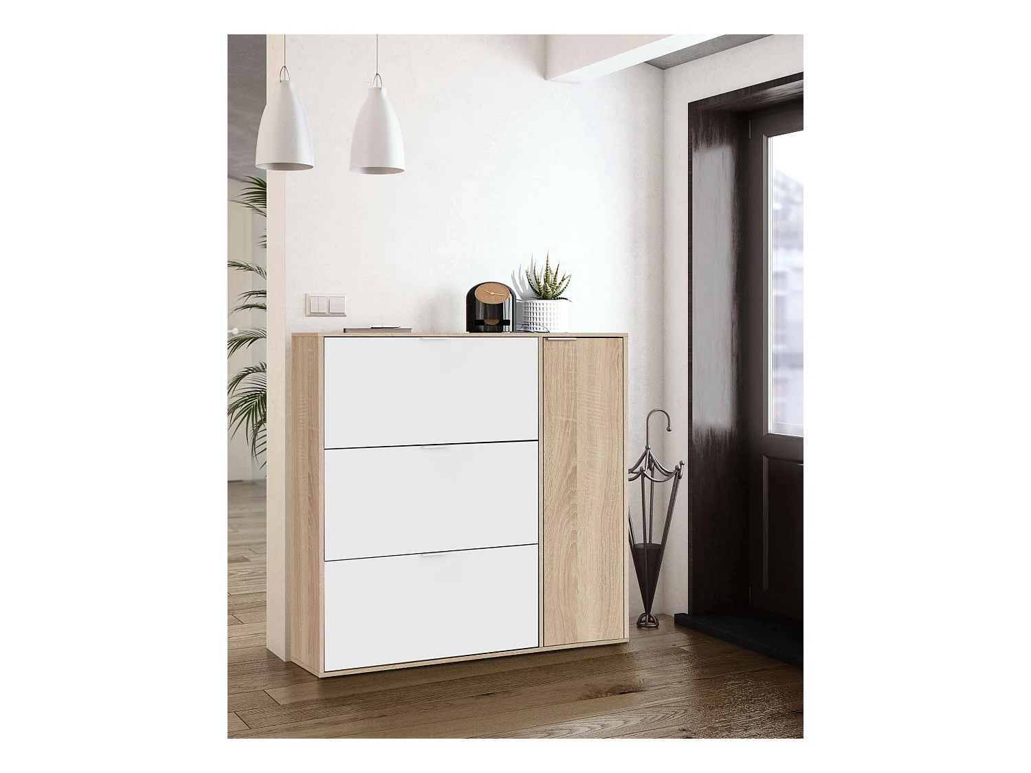 Étagère à chaussures Dmagnino, armoire à chaussures 4 portes, armoire basse polyvalente avec 5 étagères, étagère à chaussures moderne, 106x22h115 cm, chêne et blanc