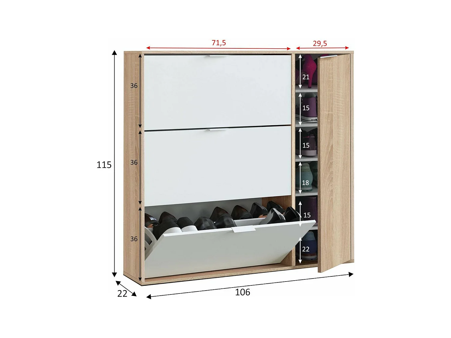 Étagère à chaussures Dmagnino, armoire à chaussures 4 portes, armoire basse polyvalente avec 5 étagères, étagère à chaussures moderne, 106x22h115 cm, chêne et blanc