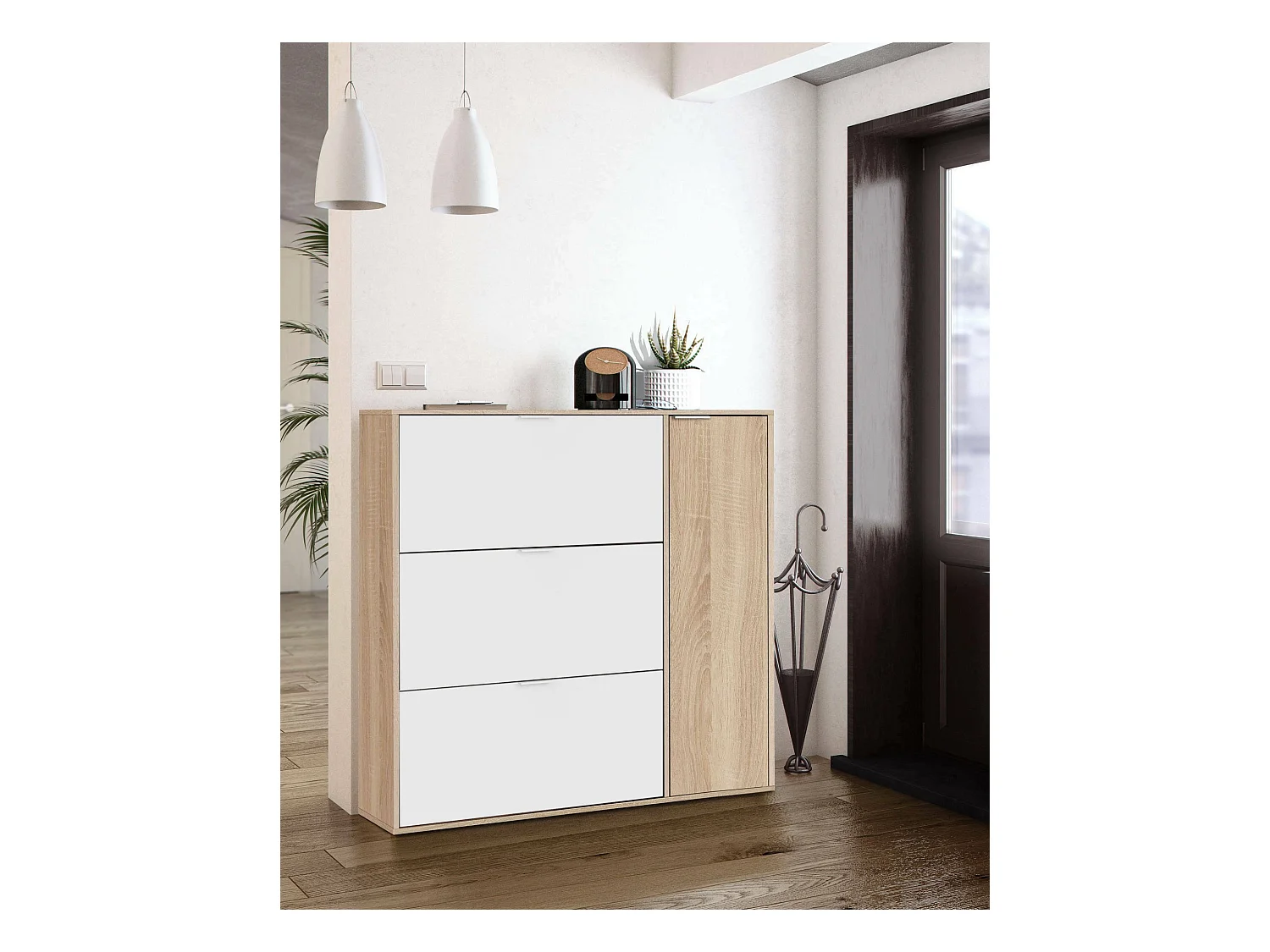 Étagère à chaussures Dmagnino, armoire à chaussures 4 portes, armoire basse polyvalente avec 5 étagères, étagère à chaussures moderne, 106x22h115 cm, chêne et blanc