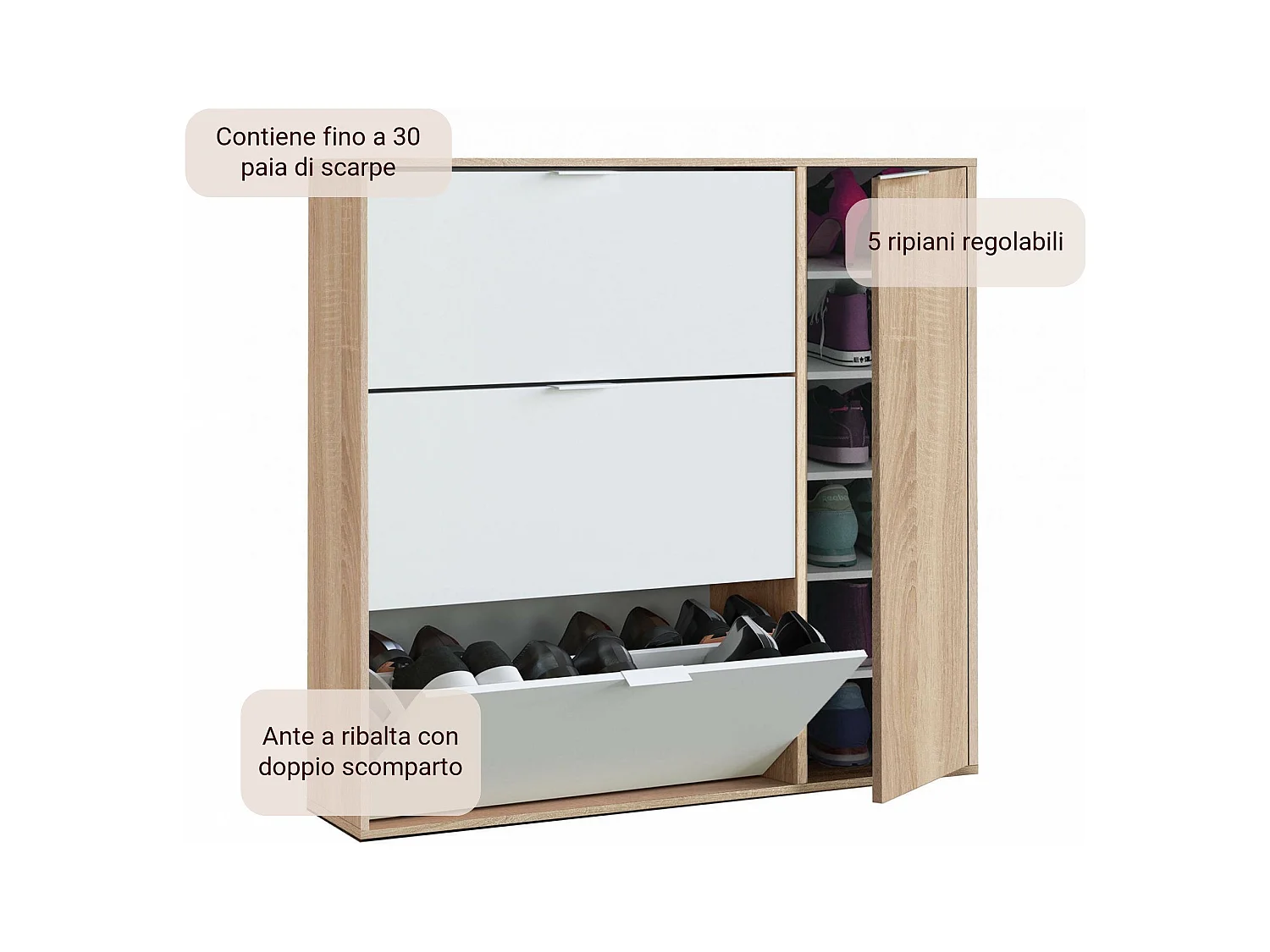 Étagère à chaussures Dmagnino, armoire à chaussures 4 portes, armoire basse polyvalente avec 5 étagères, étagère à chaussures moderne, 106x22h115 cm, chêne et blanc