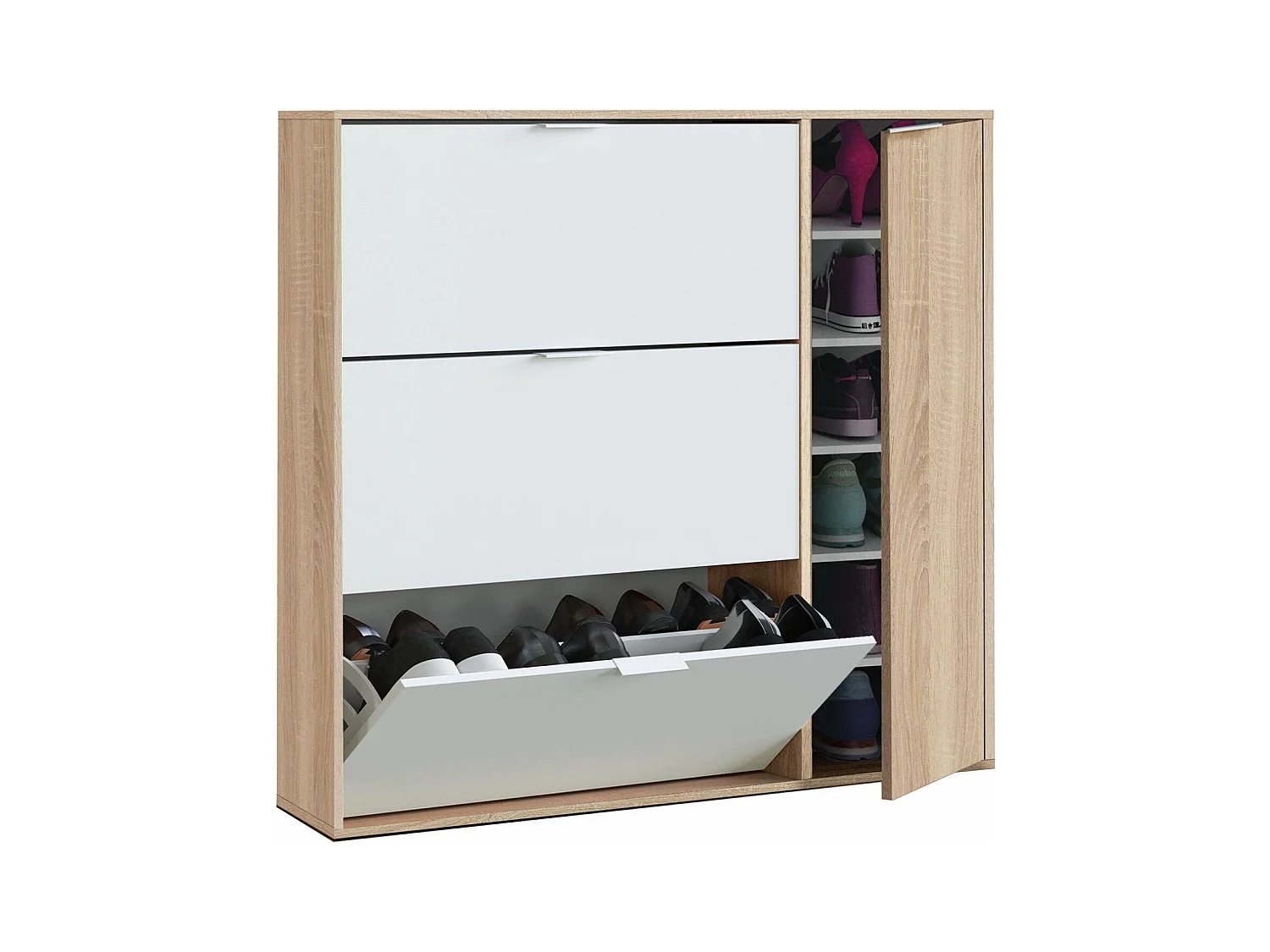 Étagère à chaussures Dmagnino, armoire à chaussures 4 portes, armoire basse polyvalente avec 5 étagères, étagère à chaussures moderne, 106x22h115 cm, chêne et blanc