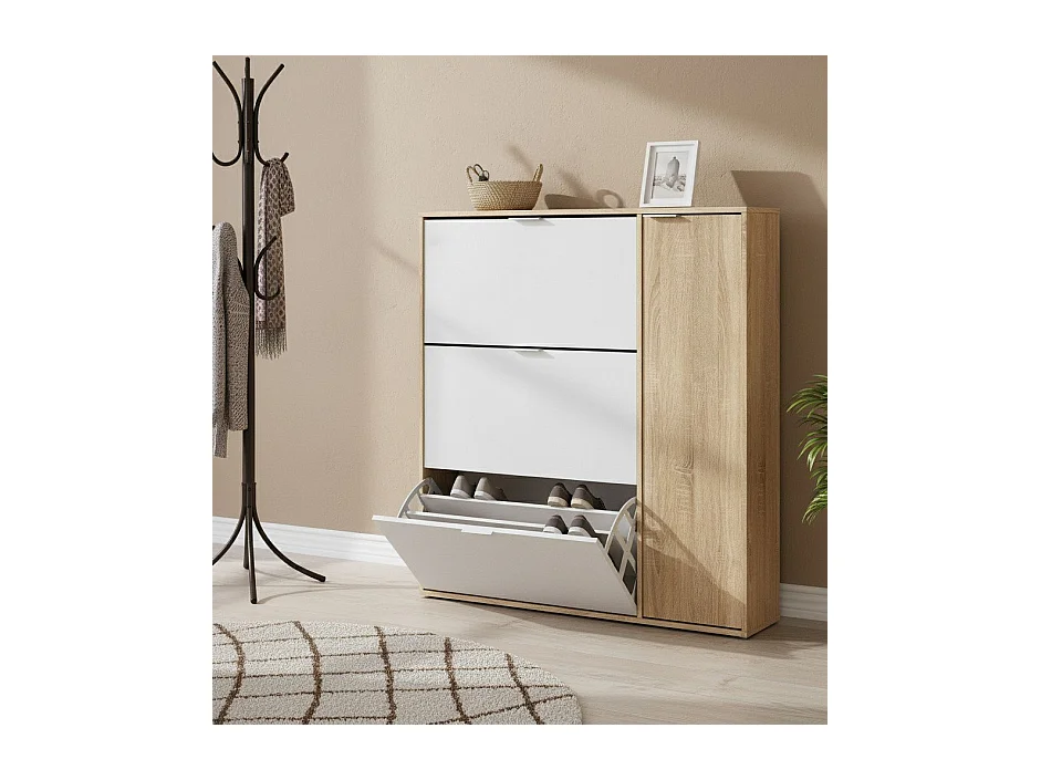 Étagère à chaussures Dmagnino, armoire à chaussures 4 portes, armoire basse polyvalente avec 5 étagères, étagère à chaussures moderne, 106x22h115 cm, chêne et blanc