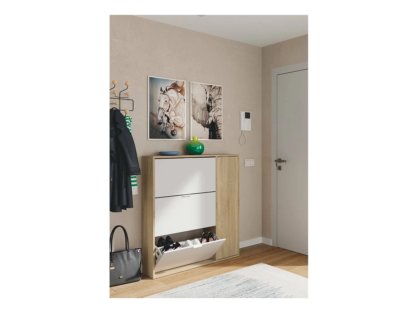 Étagère à chaussures Dmagnino, armoire à chaussures 4 portes, armoire basse polyvalente avec 5 étagères, étagère à chaussures moderne, 106x22h115 cm, chêne et blanc