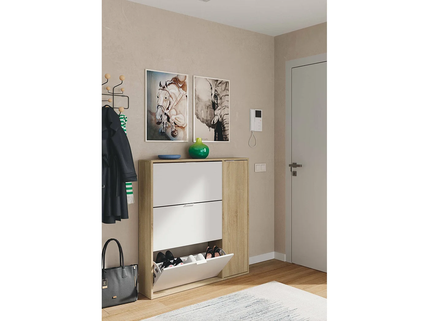Étagère à chaussures Dmagnino, armoire à chaussures 4 portes, armoire basse polyvalente avec 5 étagères, étagère à chaussures moderne, 106x22h115 cm, chêne et blanc