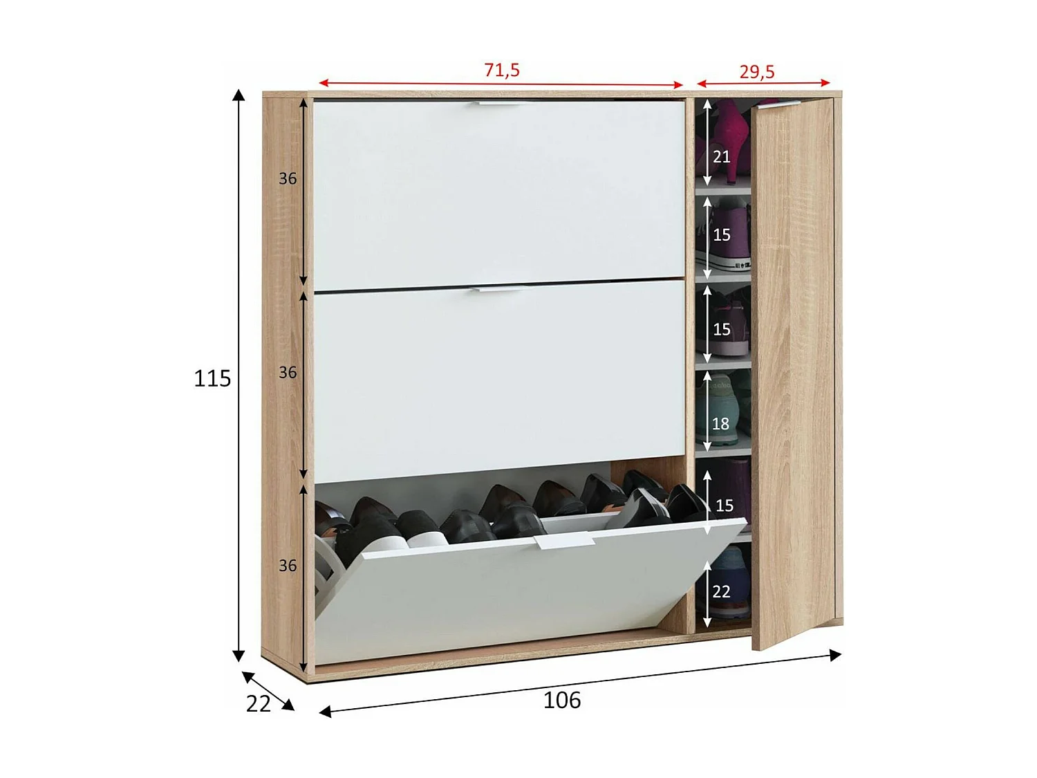 Étagère à chaussures Dmagnino, armoire à chaussures 4 portes, armoire basse polyvalente avec 5 étagères, étagère à chaussures moderne, 106x22h115 cm, chêne et blanc