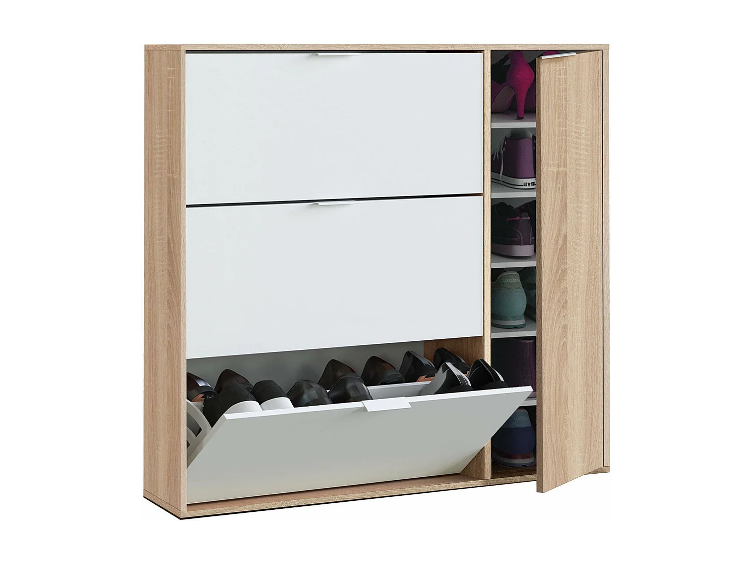 Étagère à chaussures Dmagnino, armoire à chaussures 4 portes, armoire basse polyvalente avec 5 étagères, étagère à chaussures moderne, 106x22h115 cm, chêne et blanc