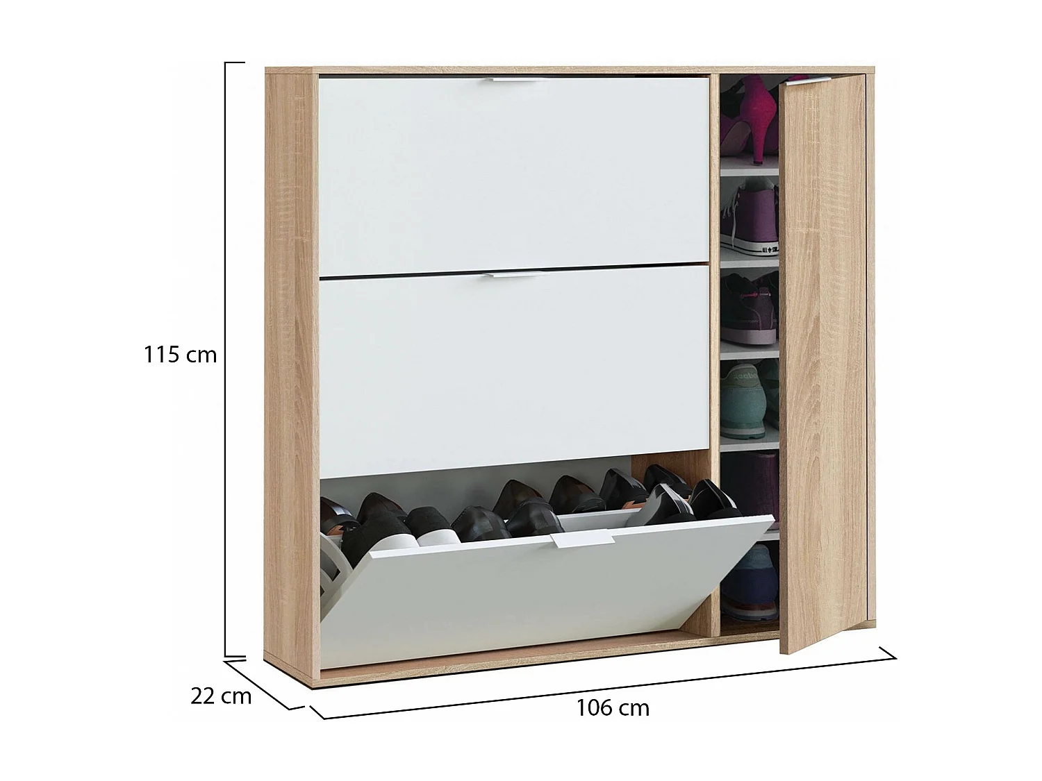 Dmagnino schoenenrek, schoenenkast met 4 deuren, multifunctionele lage kast met 5 planken, modern schoenenrek, 106x22h115 cm, eiken en wit