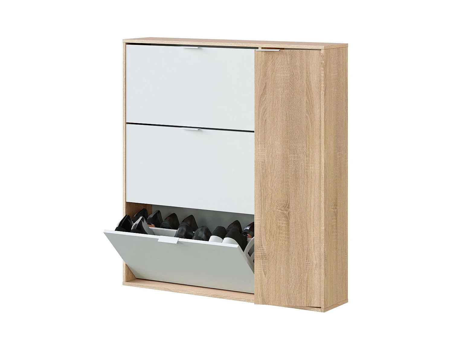 Étagère à chaussures Dmagnino, armoire à chaussures 4 portes, armoire basse polyvalente avec 5 étagères, étagère à chaussures moderne, 106x22h115 cm, chêne et blanc