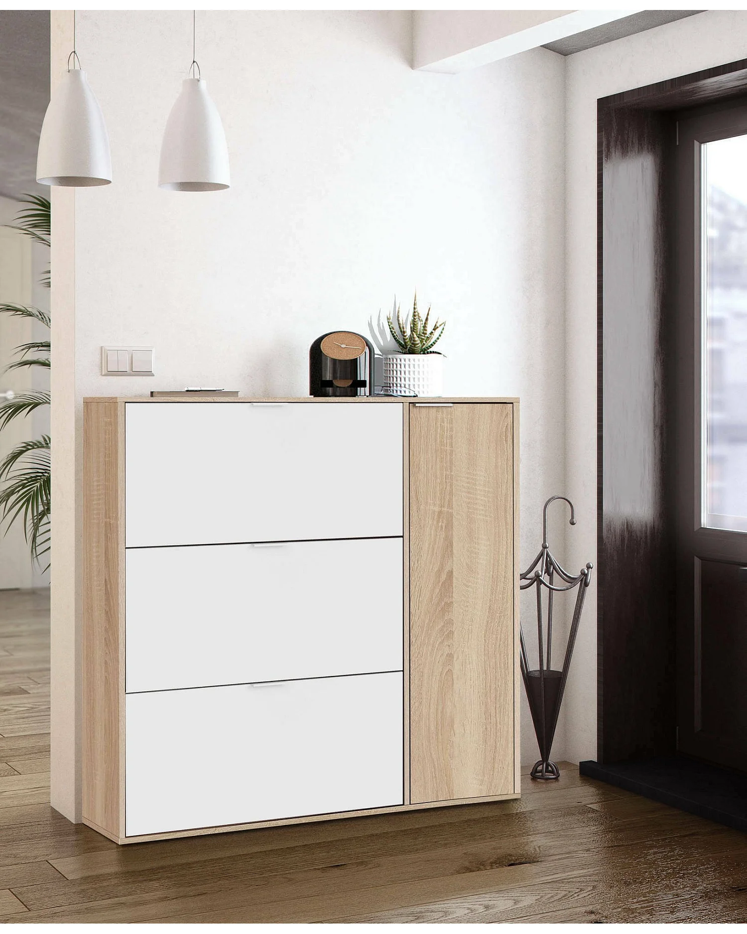 Mueble para zapatos Dmagnino, Zapatero con 4 puertas, Mueble bajo multiusos con 5 baldas, zapatero moderno, 106x22h115 cm, Roble y Blanco