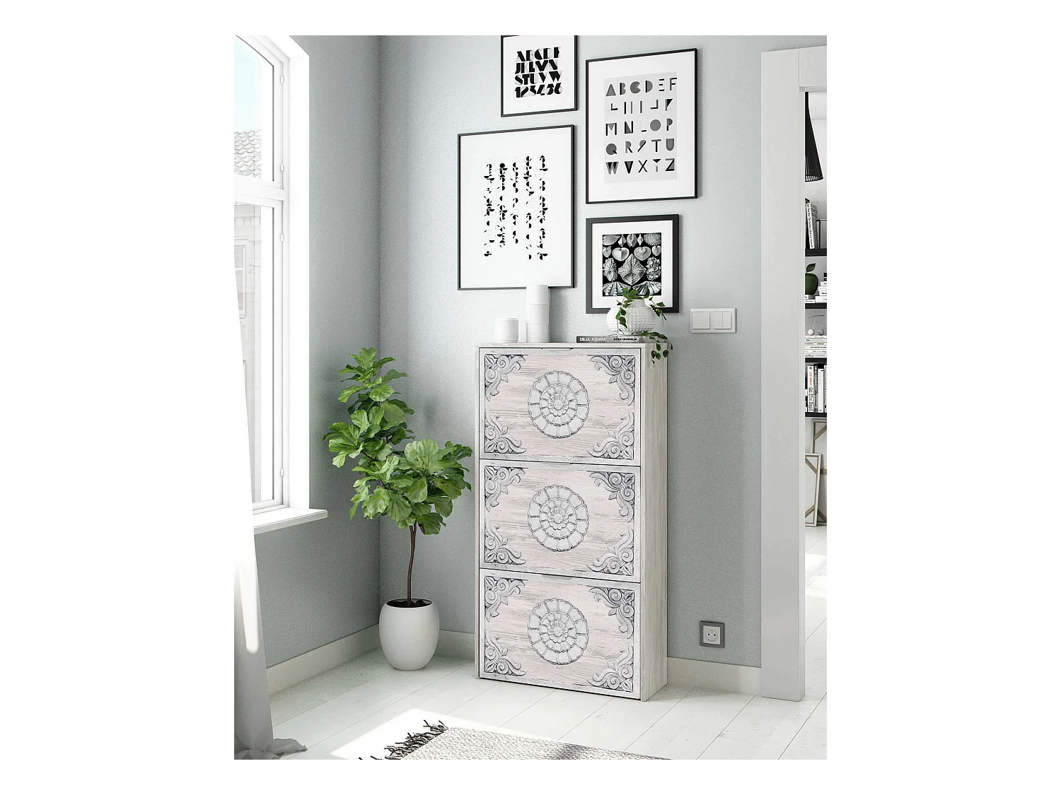 Dmora - Scarpiera Asca, 60x22h113 cm, Bianco anticato