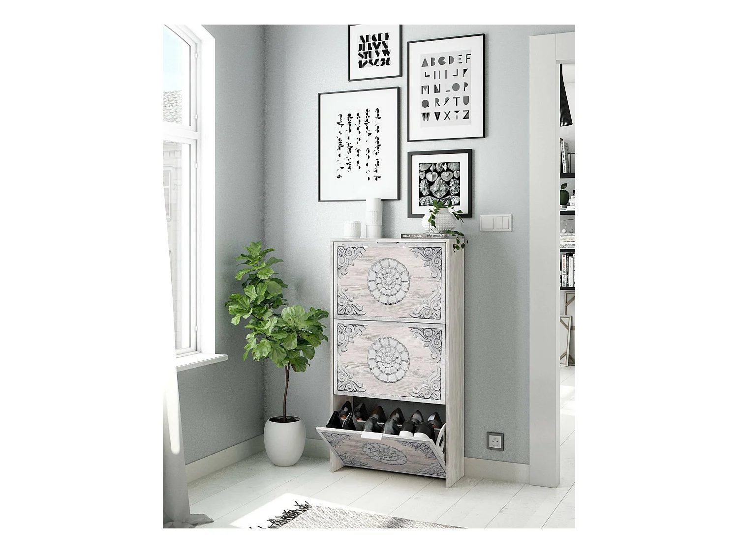 Dmora - Scarpiera Asca, 60x22h113 cm, Bianco anticato