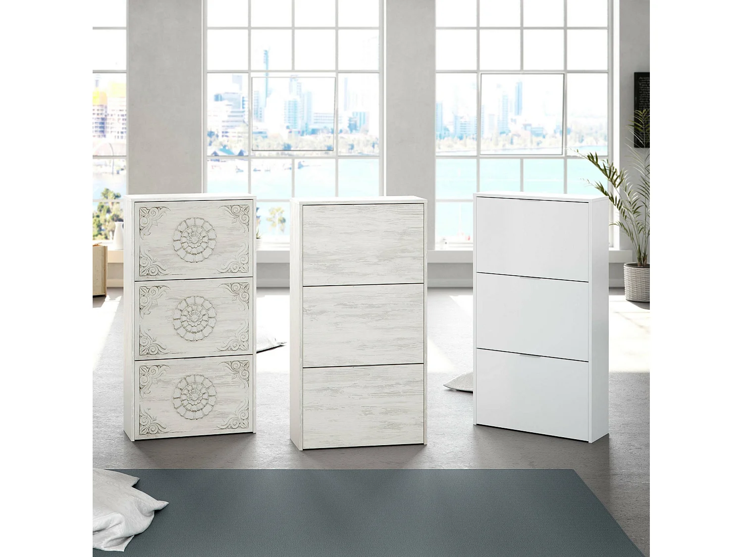 Scarpiera Asca, Cassetti, 22x60x113h cm Bianco Anticato, Mobile Portascarpe