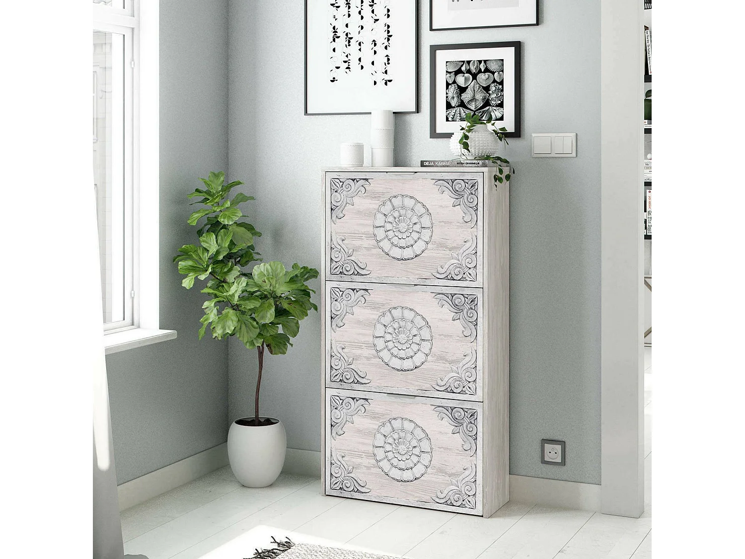 Mueble zapatero Dcosta, Zapatero con 3 puertas abatibles, Mueble con doble capacidad para hasta 18 pares de zapatos, 60x22h113 cm, Blanco antiguo