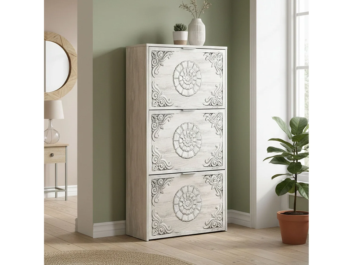 Mueble zapatero Dcosta, Zapatero con 3 puertas abatibles, Mueble con doble capacidad para hasta 18 pares de zapatos, 60x22h113 cm, Blanco antiguo