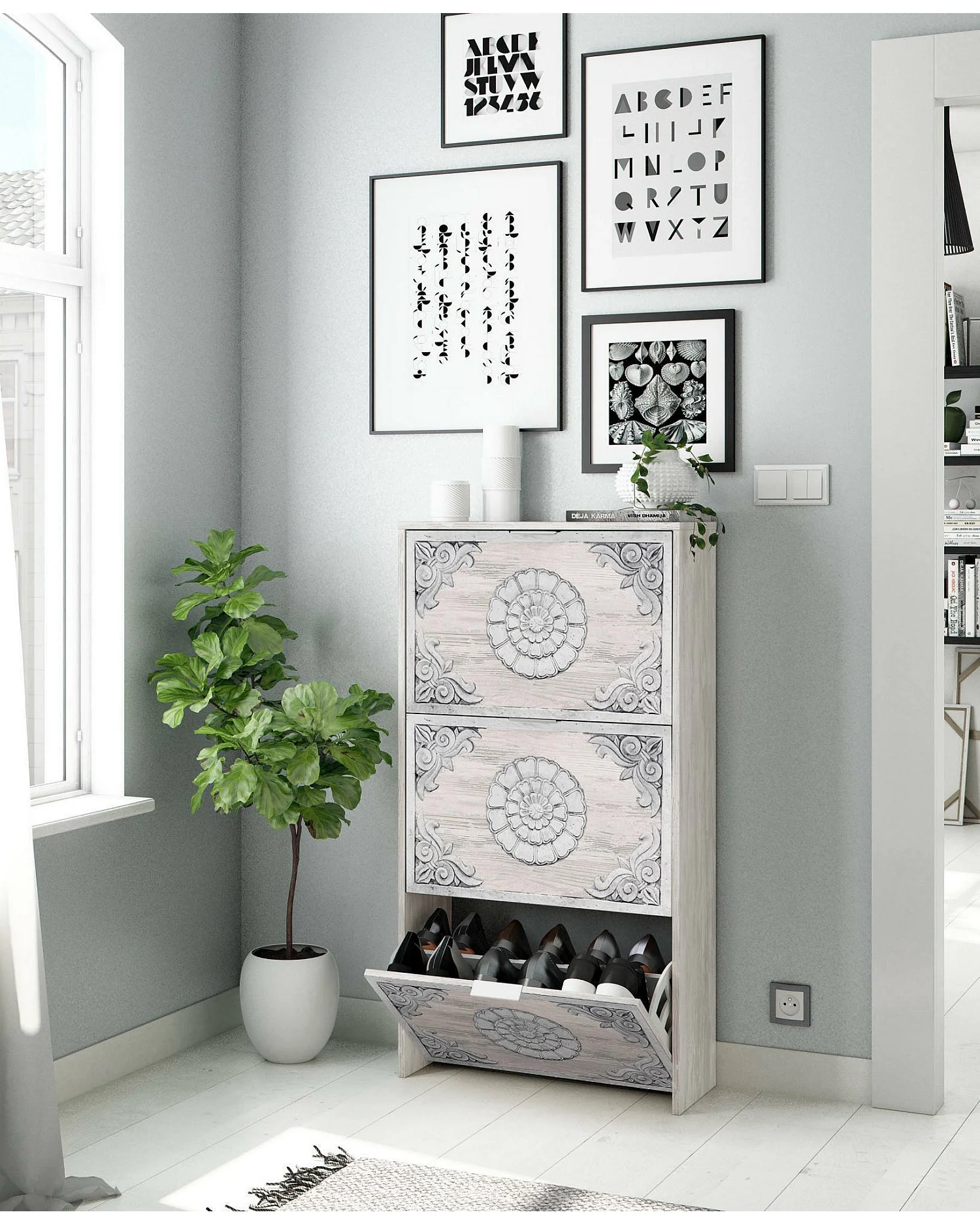 DCosta schoenenrek, schoenenkast met 3 vouwdeuren, kast met dubbele capaciteit voor maximaal 18 paar schoenen, 60x22h113 cm, antiek wit