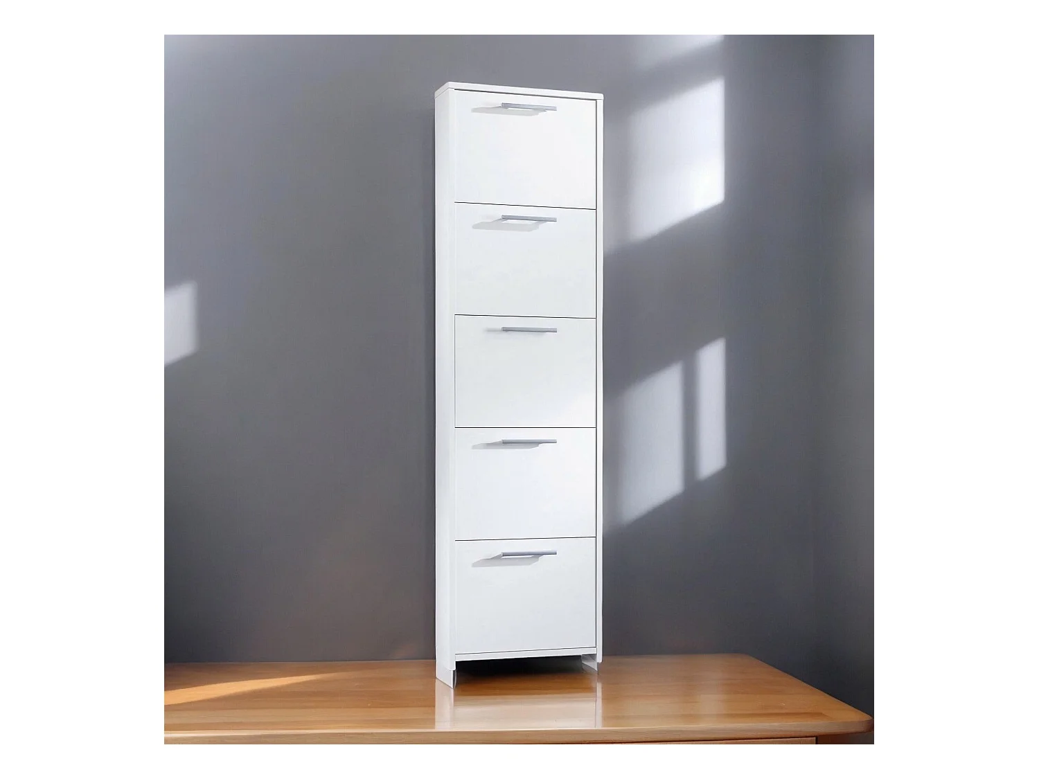 Schuhregal Dbusi, Mehrzweck - Eingangsmöbel mit 5 Türen, Moderner Schuhschrank mit Regalen, 100% Made in Italy, 50x18h178 cm, Weiß