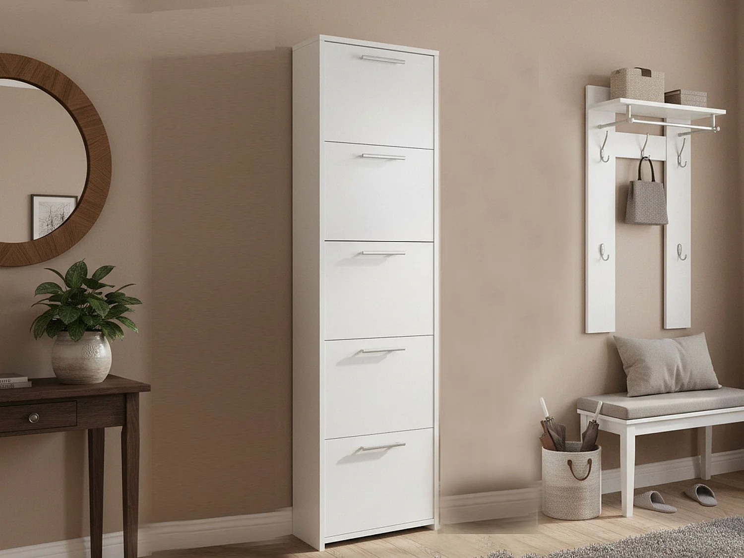 Zapatero Dbusi, Mueble de entrada polivalente con 5 puertas, Zapatero moderno con baldas, 100% Made in Italy, 50x18h178 cm, Blanco