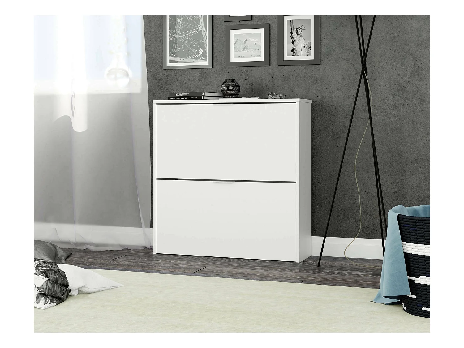Mueble para zapatos Dighina, Zapatero con 2 puertas abatibles, Zapatero entrada baja, Un mueble bajo, 75x22h76 cm, Blanco