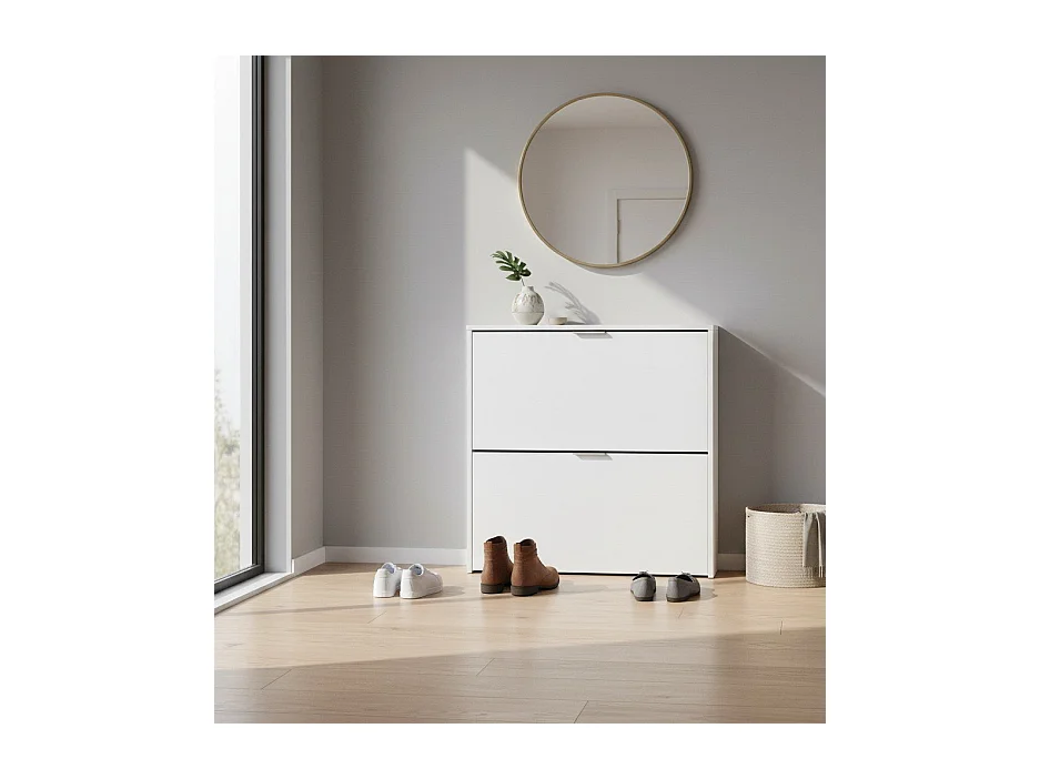 Mueble para zapatos Dighina, Zapatero con 2 puertas abatibles, Zapatero entrada baja, Un mueble bajo, 75x22h76 cm, Blanco