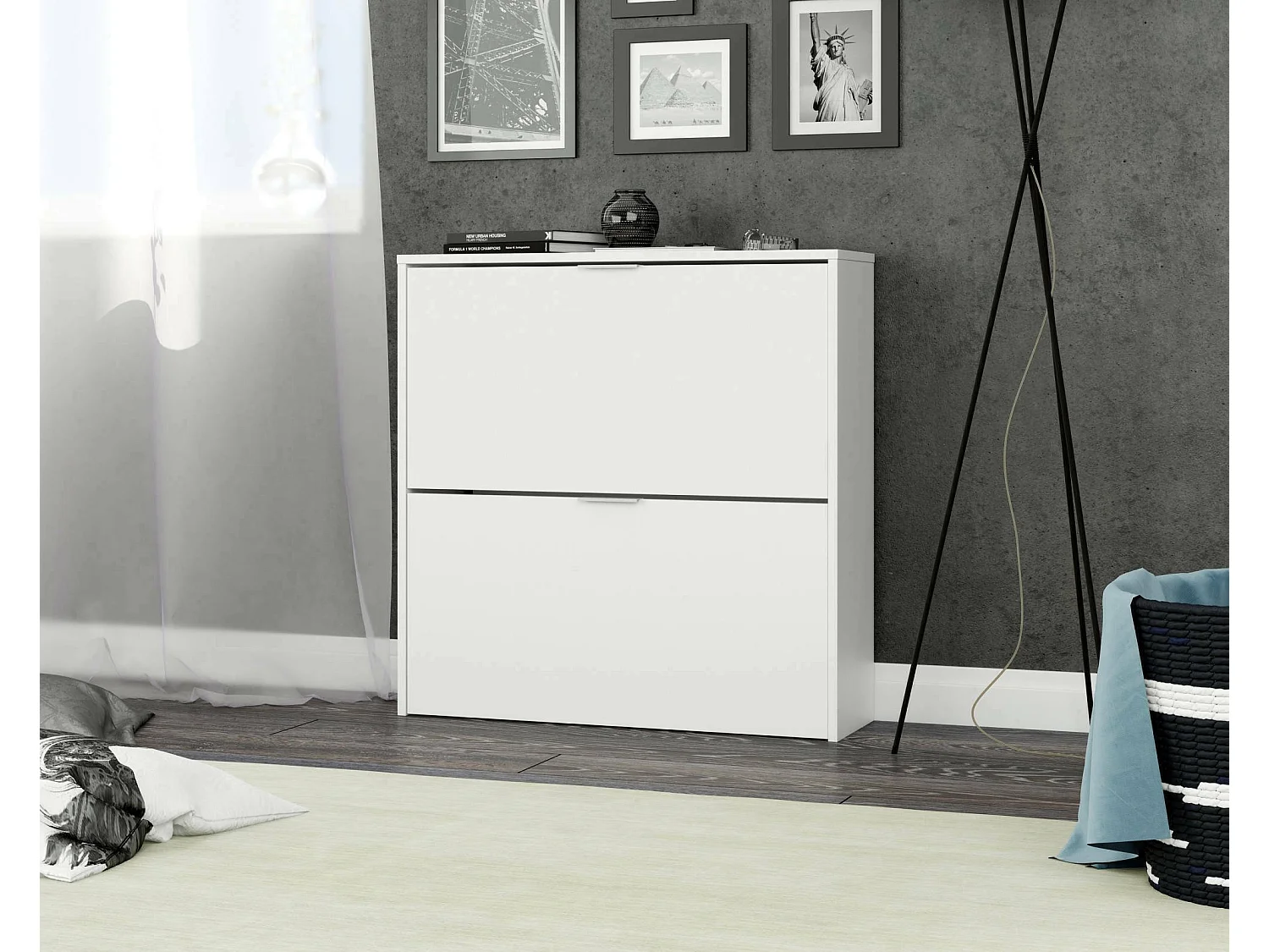 Étagère à chaussures Dighina, Armoire à chaussures avec 2 portes pliantes, Étagère à chaussures d'entrée basse, Armoire basse, 75x22h76 cm, Blanc