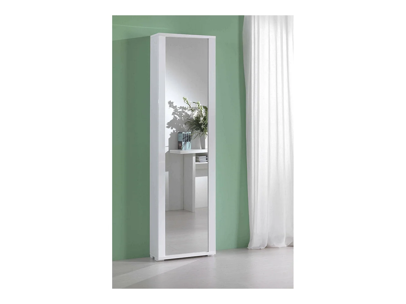 Schoenenrek Dcandel, multifunctioneel entreemeubel met spiegeldeur, moderne schoenenkast met 7 planken, 100% Made in Italy, 50x32hx182 cm, Wit