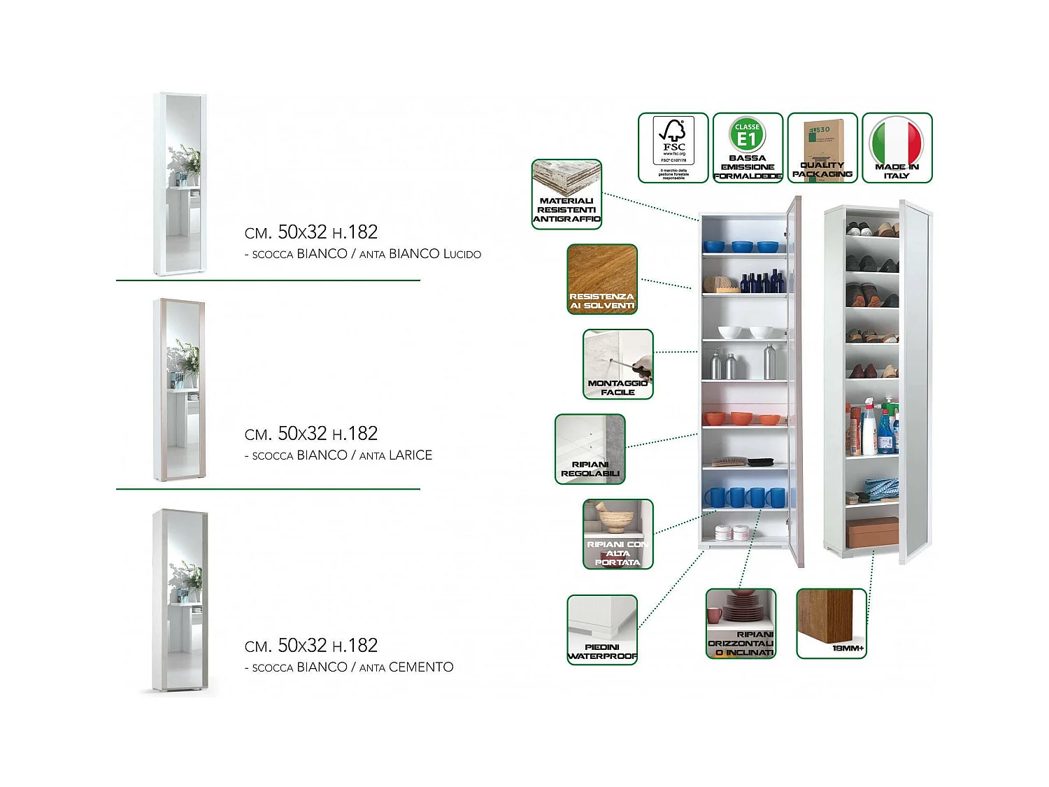 Schoenenrek Dcandel, multifunctioneel entreemeubel met spiegeldeur, moderne schoenenkast met 7 planken, 100% Made in Italy, 50x32hx182 cm, Wit