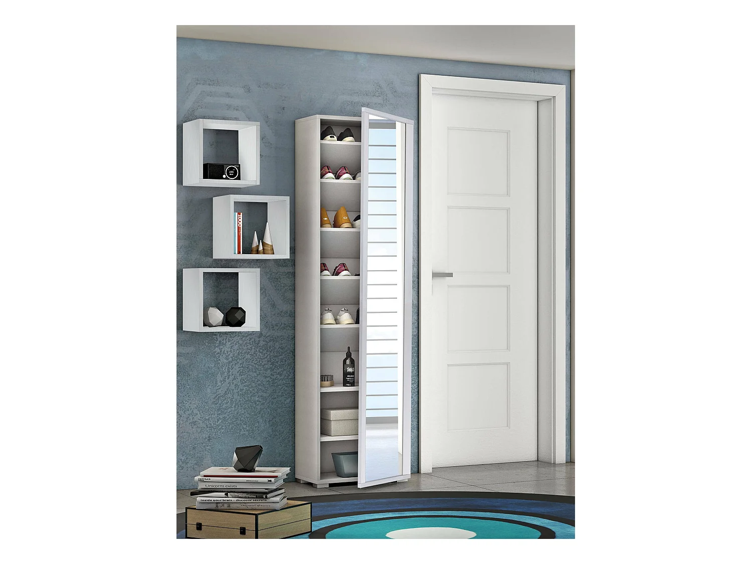 Schoenenrek Dcandel, multifunctioneel entreemeubel met spiegeldeur, moderne schoenenkast met 7 planken, 100% Made in Italy, 50x32hx182 cm, Wit