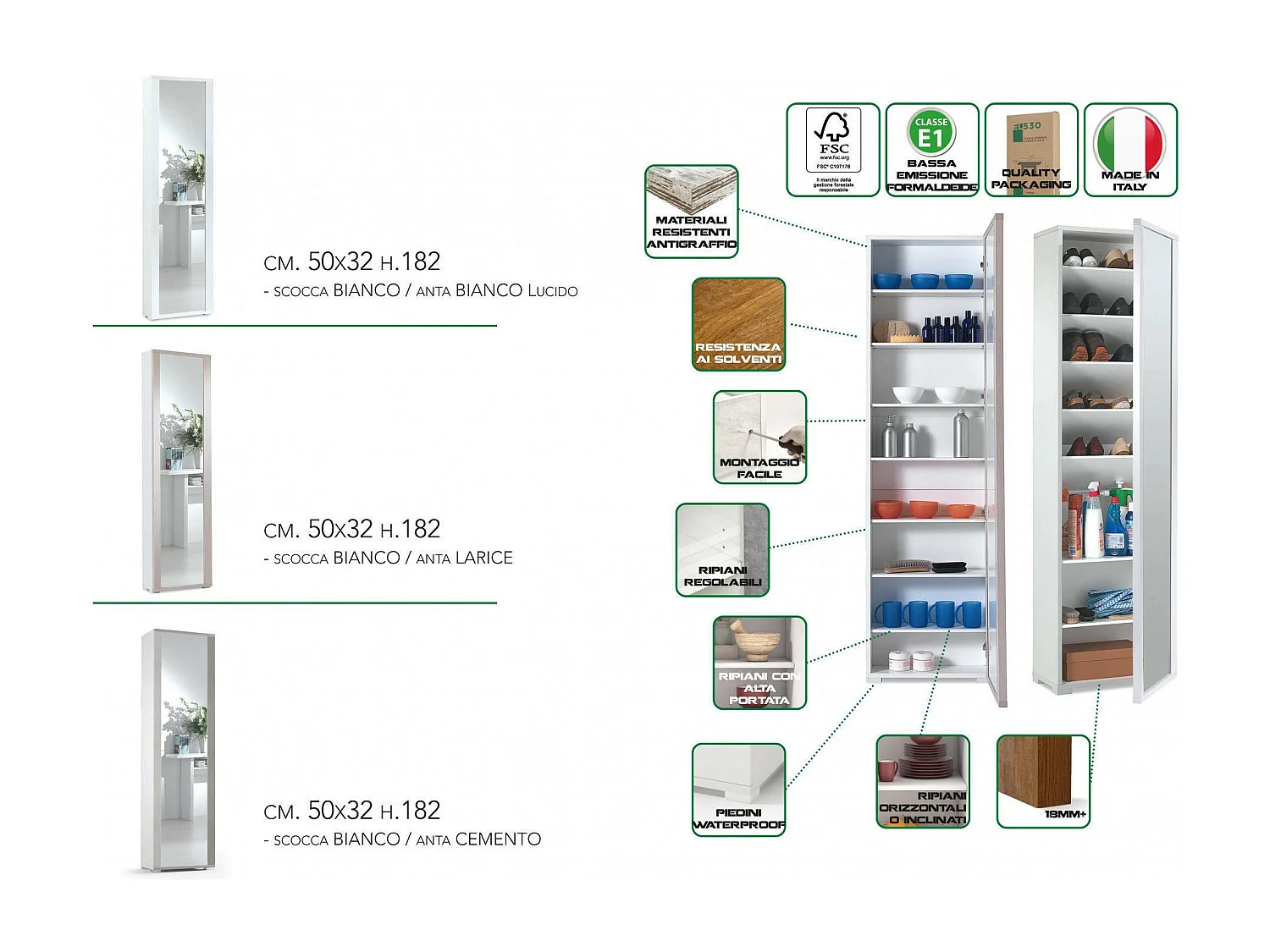 Scarpiera Asiago, 7 Ripiani Made in Italy, 32x50x182h cm Bianco, Mobile Portascarpe