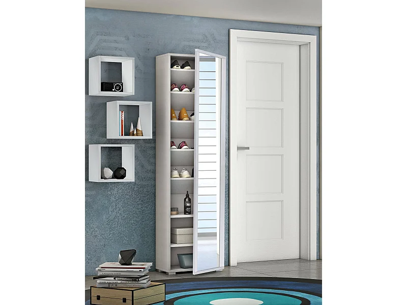 Zapatero Dcandel, Mueble recibidor multiusos con puerta de espejo, Zapatero moderno con 7 baldas, 100% Made in Italy, 50x32hx182 cm, Blanco