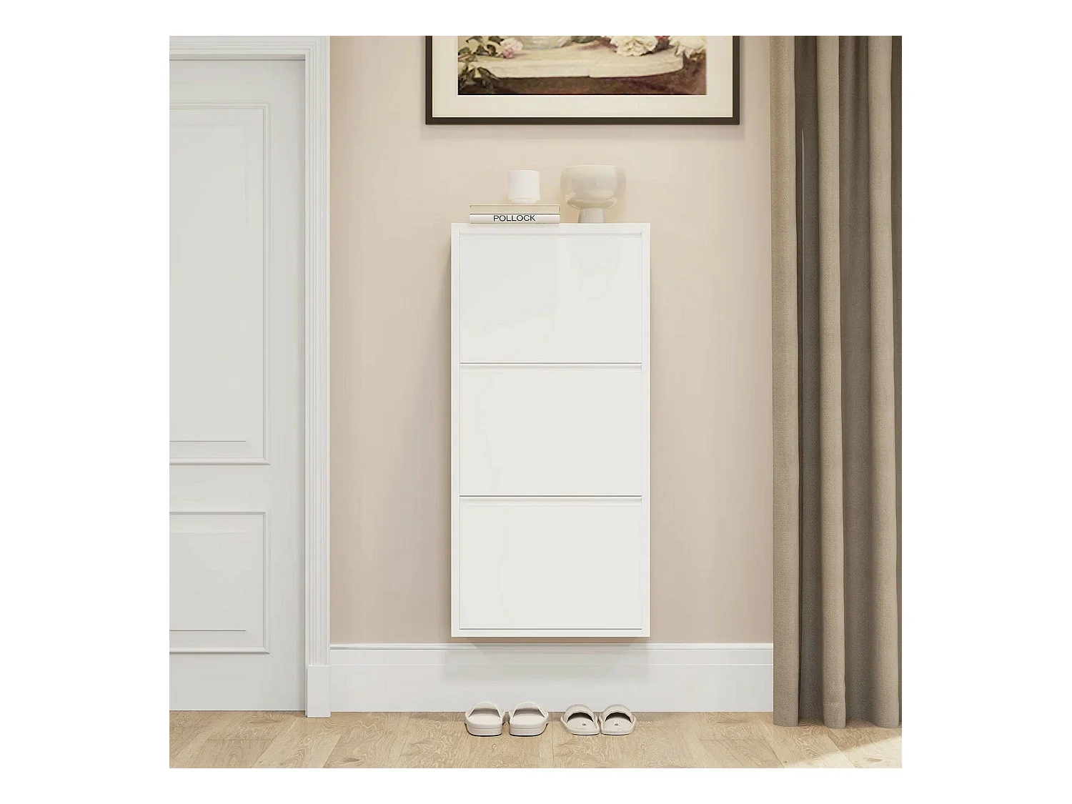 Sapateira 0, Sapateira com portas sanfonadas para entrada em metal, Sapateira linear moderna em branco, 50x15h103 cm, com 3 portas