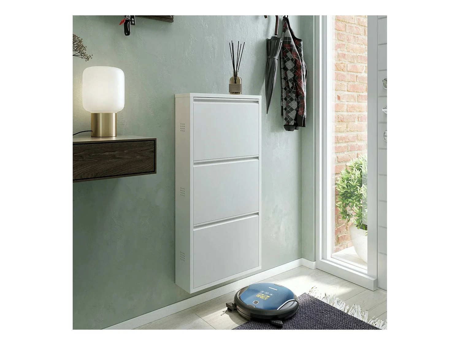 Sapateira 0, Sapateira com portas sanfonadas para entrada em metal, Sapateira linear moderna em branco, 50x15h103 cm, com 3 portas