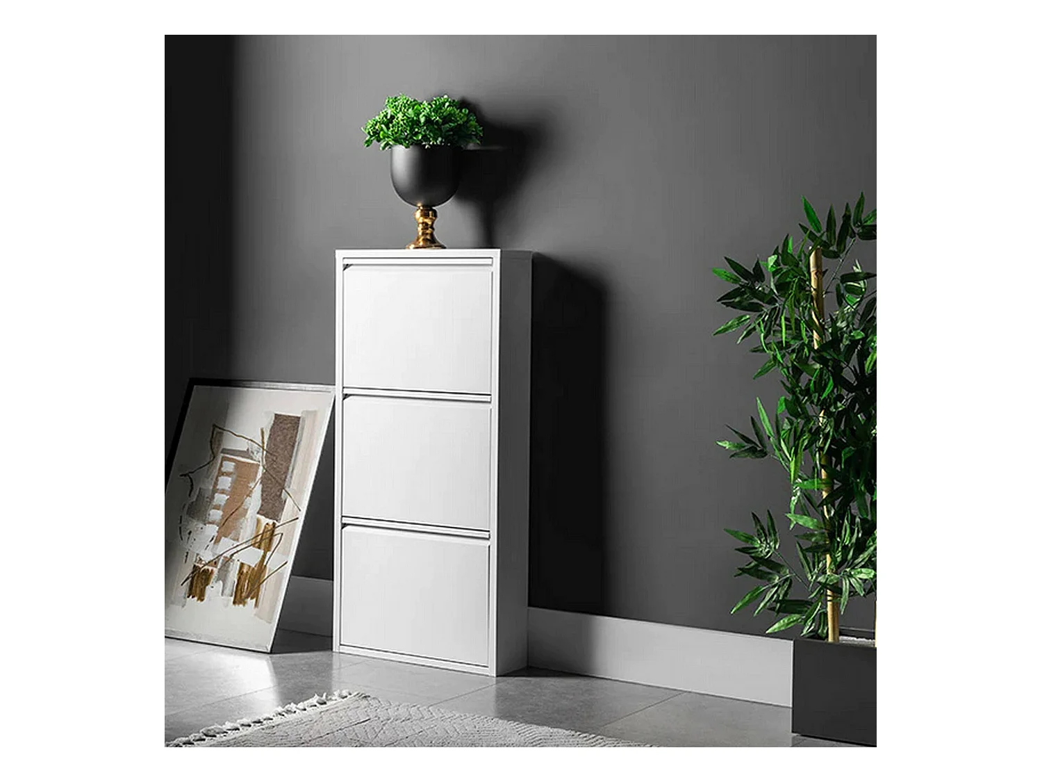 Sapateira 0, Sapateira com portas sanfonadas para entrada em metal, Sapateira linear moderna em branco, 50x15h103 cm, com 3 portas