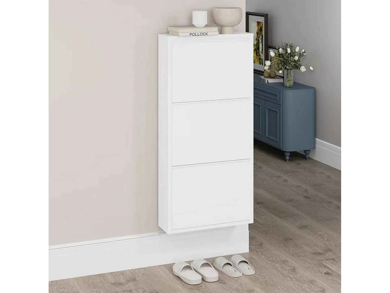 Schoenenrek 0, Schoenenrek met vouwdeuren voor ingang in metaal, Modern lineair schoenenrek in wit, 50x15h103 cm, met 3 deuren