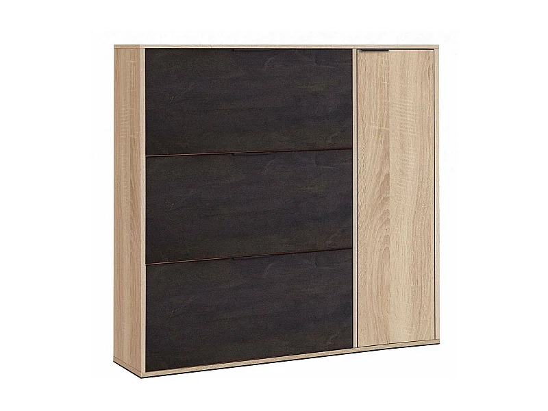 Étagère à chaussures Dmagnino, armoire à chaussures 4 portes, armoire basse polyvalente avec 5 étagères, étagère à chaussures moderne, 106x22h115 cm, chêne et noir