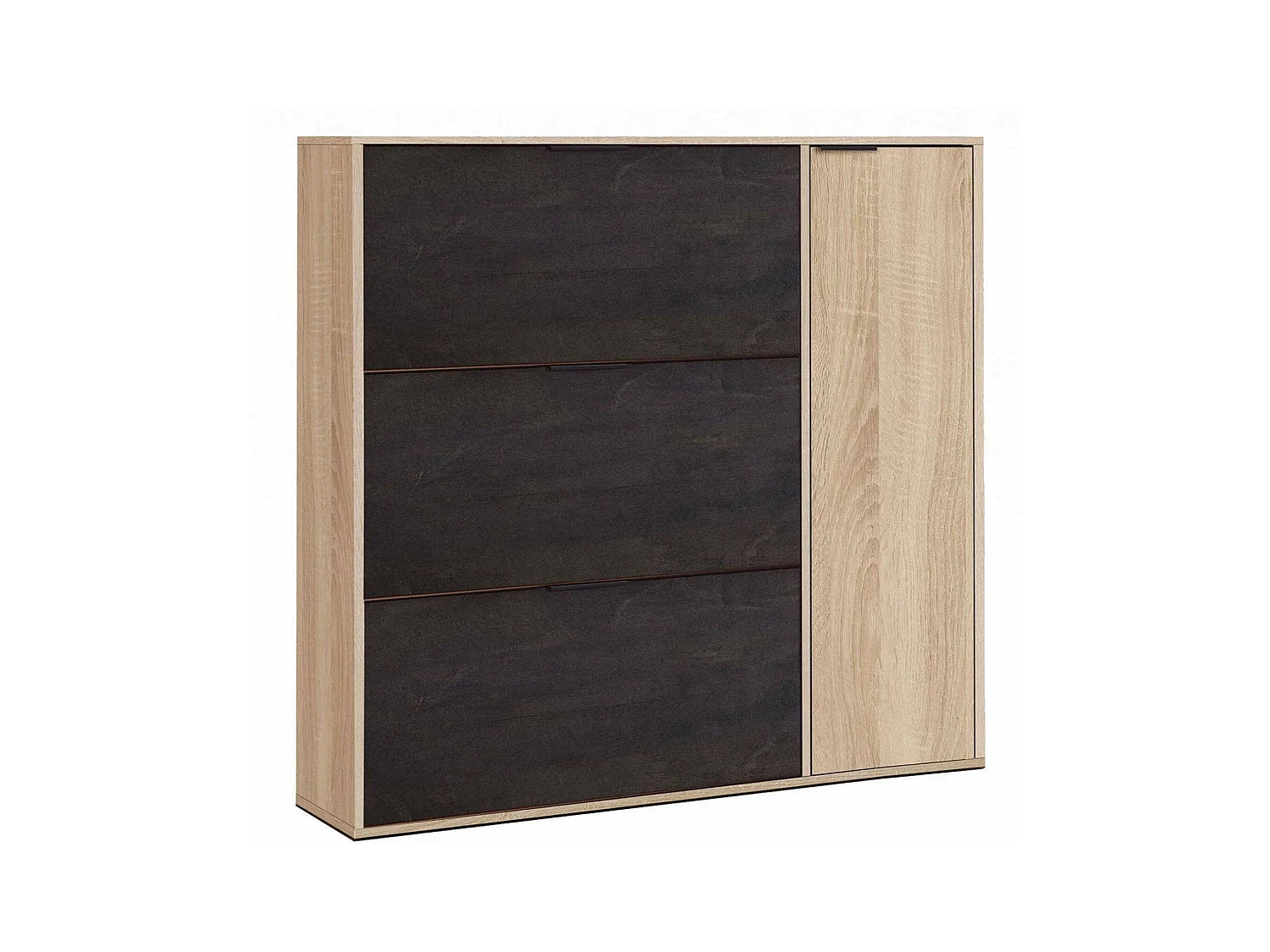 Étagère à chaussures Dmagnino, armoire à chaussures 4 portes, armoire basse polyvalente avec 5 étagères, étagère à chaussures moderne, 106x22h115 cm, chêne et noir