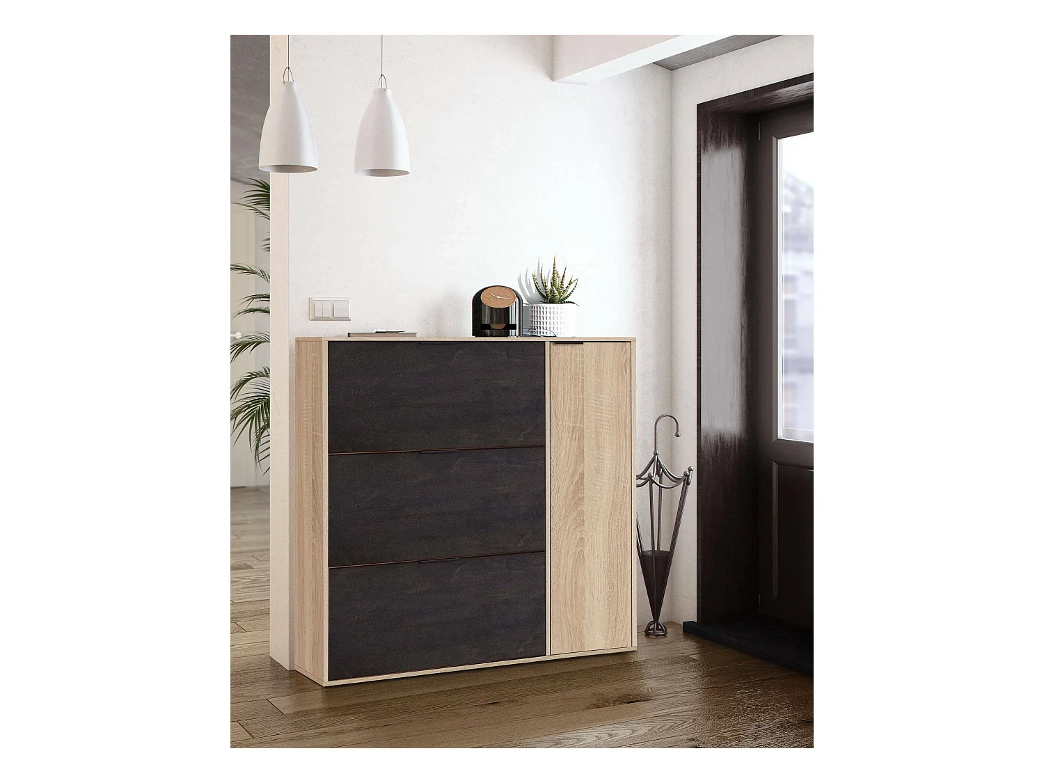 Étagère à chaussures Dmagnino, armoire à chaussures 4 portes, armoire basse polyvalente avec 5 étagères, étagère à chaussures moderne, 106x22h115 cm, chêne et noir