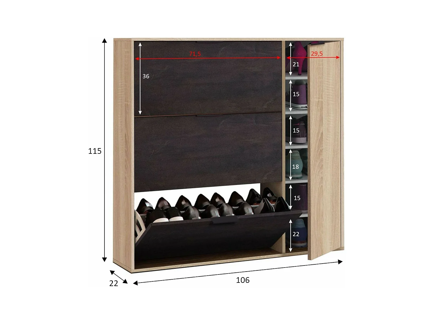 Étagère à chaussures Dmagnino, armoire à chaussures 4 portes, armoire basse polyvalente avec 5 étagères, étagère à chaussures moderne, 106x22h115 cm, chêne et noir